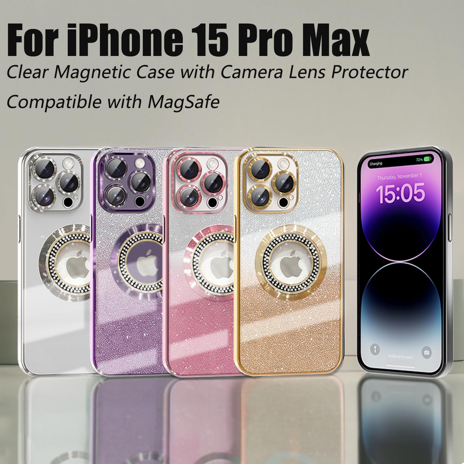 Magnetic Glitter Case for iPhone 15 Pro Max - Compatible with MagSafe, Slim Shockproof Full Protection Cover with Camera Lens Protector & Logo View Dust-Proof Net - Gold Sparkle Phone Case for Women (Perfect for Daily Use, Work & Night Out)