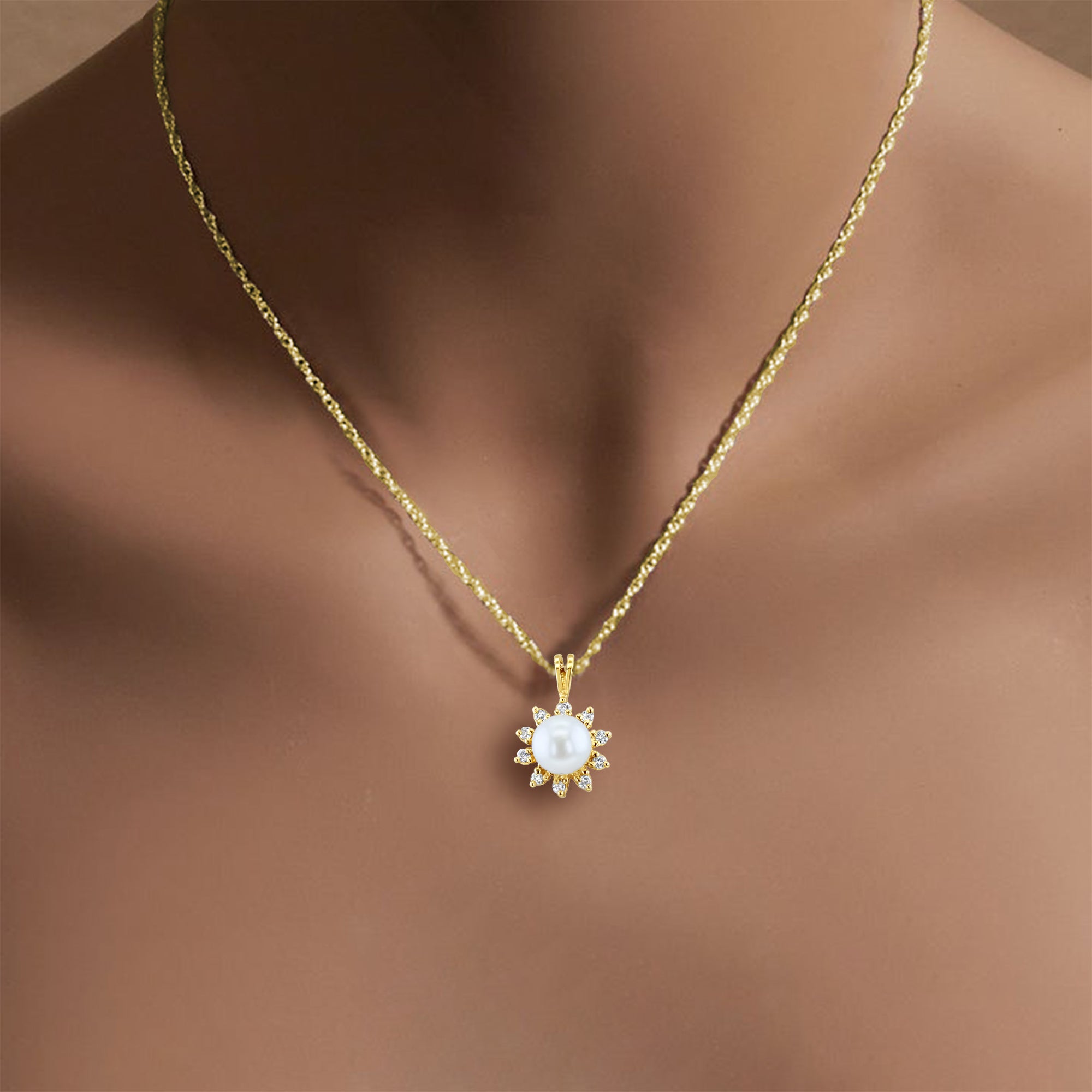 7MM Freshwater Pearl Diamond Halo Necklace in 14k Yellow Gold - Elegant Jewelry Gift for Women, Perfect for Weddings, Anniversaries & Special Occasions