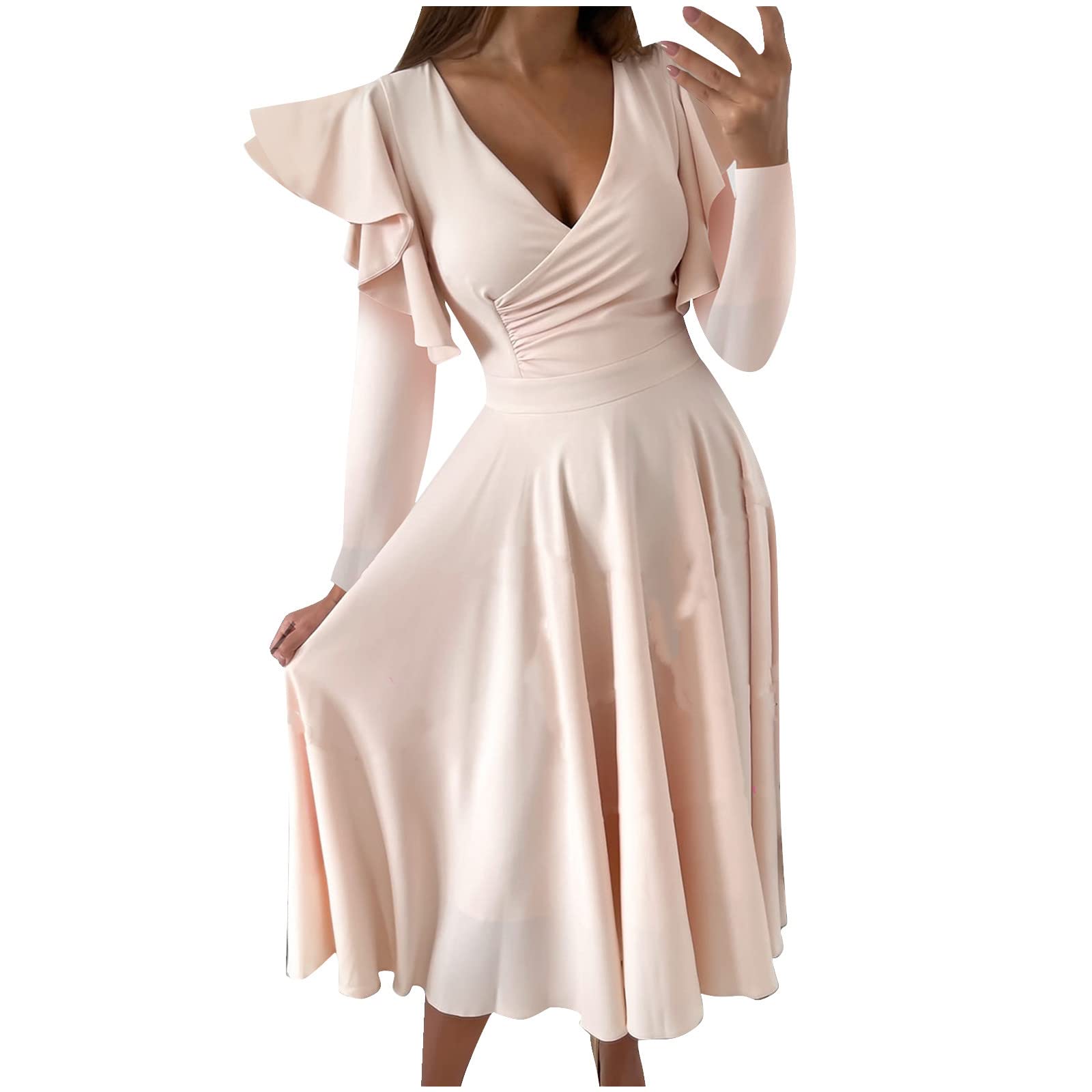 Hvot&aat Women's Summer Dress - Deep V Neck, Ruffle Sleeve, Sheath Knee Length Cocktail Party & Work Dress | Faux Wrap Formal Dress for Office, Wedding, Date Night & Special Occasions