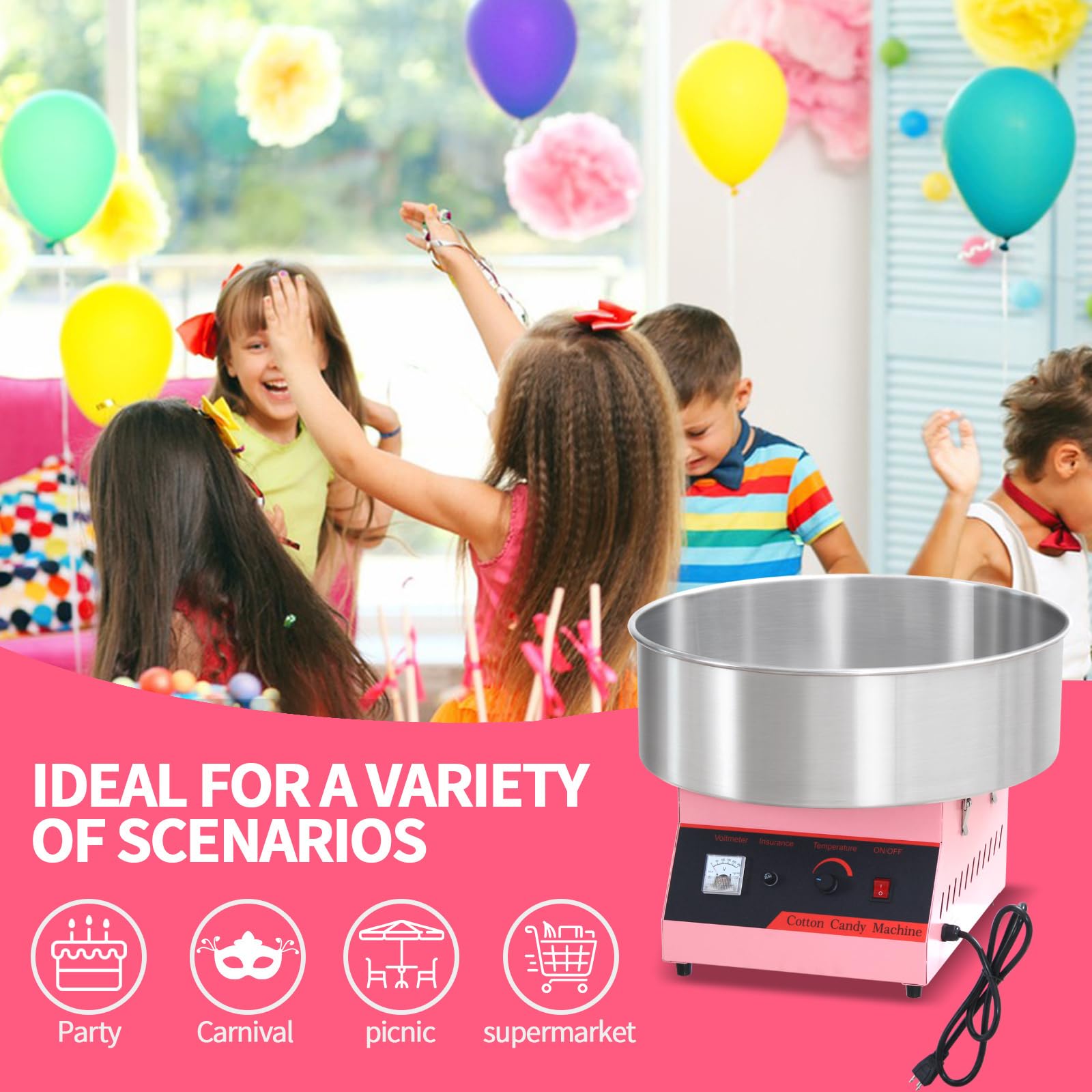 Commercial Cotton Candy Machine - Electric Floss Maker with Stainless Steel Bowl (Pink) for Parties, Carnivals, and Events - Perfect for Birthday Celebrations, Weddings, and Business Use
