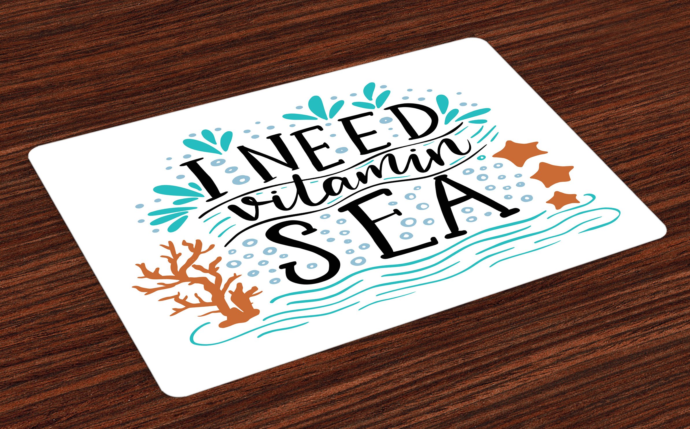 Ambesonne Sea Themed Place Mats Set of 4 - Hand Drawn Coral Waves, Starfish & Bubbles Design with 'I Need Vitamin Sea' Inspirational Quote | Washable Fabric Dining Table Mats for Kitchen, Restaurant & Beach House Decor | Perfect for Coastal Dining, Summer Parties & Ocean Lovers