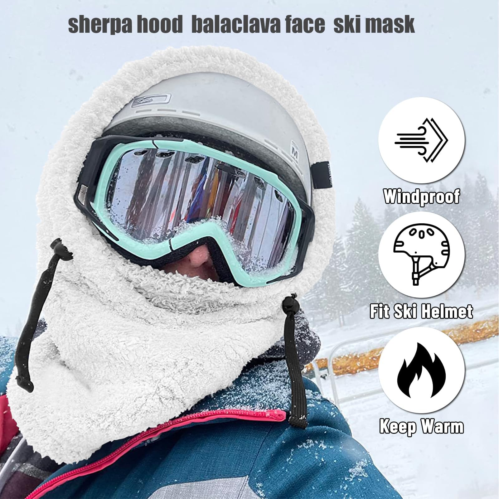 Sherpa Hood Ski Mask - Windproof Winter Balaclava for Skiing & Snowboarding - Adjustable Helmet-Compatible Face Cover for Cold Weather - Perfect for Ski Resorts, Snowmobiling & Outdoor Adventures