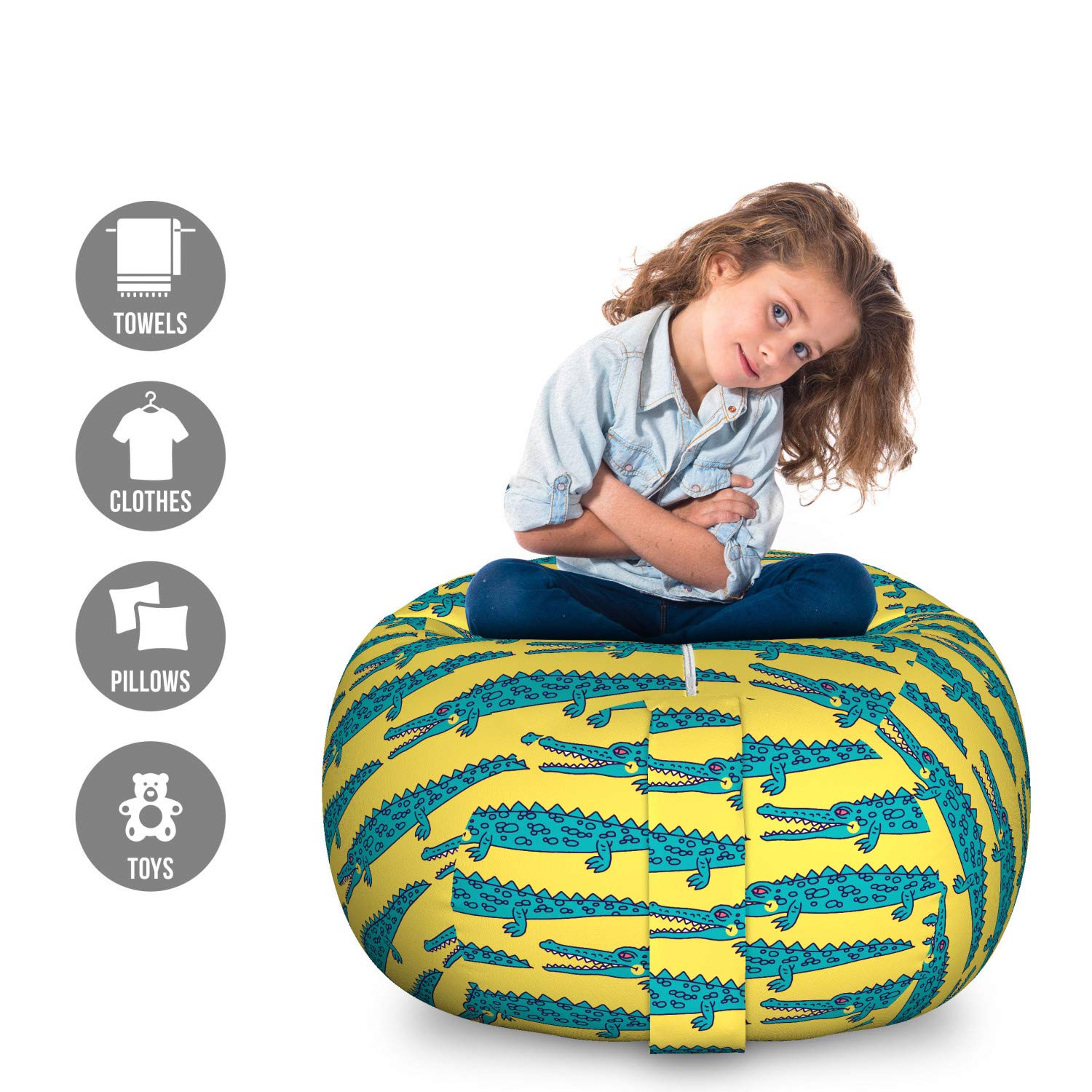 Ambesonne Alligator Toy Storage Bag Chair - Large Washable Crocodile Pattern Stuffed Animal Organizer for Kids Room, Nursery, Playroom - Teal & Mustard Doodle Design