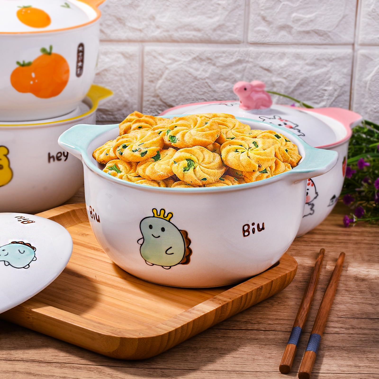 Adorable Animal Ceramic Bowls with Lids Set - Microwave & Dishwasher Safe Food Storage Containers for Kitchen, Meal Prep, Instant Noodles, Office, Dorm, Bento & Snacks | Perfect for Home, Work & College Use