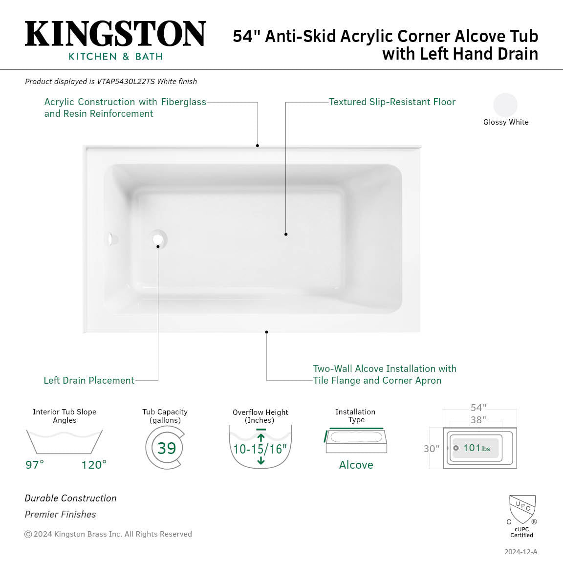 Aqua Eden 54 Inch Acrylic Rectangular Corner Bathtub - Left Hand Drain, Glossy White | Freestanding Soaking Tub for Small Bathrooms & Master Suites | Spa-Like Relaxation at Home