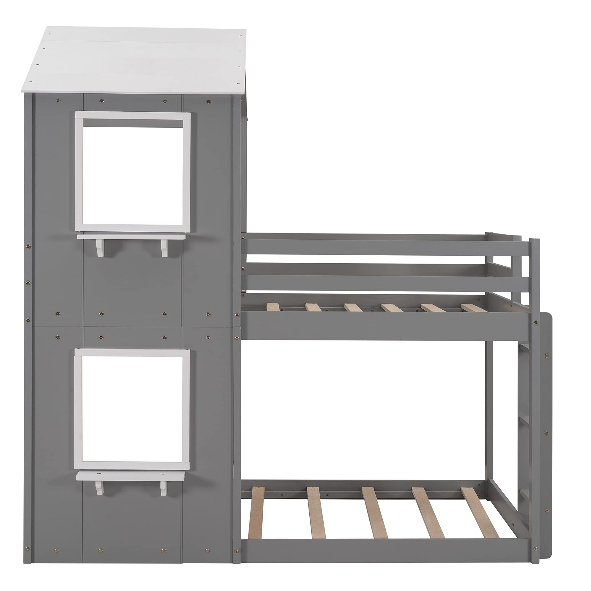 Kids House Shaped Bunk Bed with Roof & Window - Twin Over Twin Loft Bed with Guardrail & Ladder - Gray Themed Bedroom Furniture for Boys & Girls - Perfect for Small Spaces, Sleepovers & Playtime