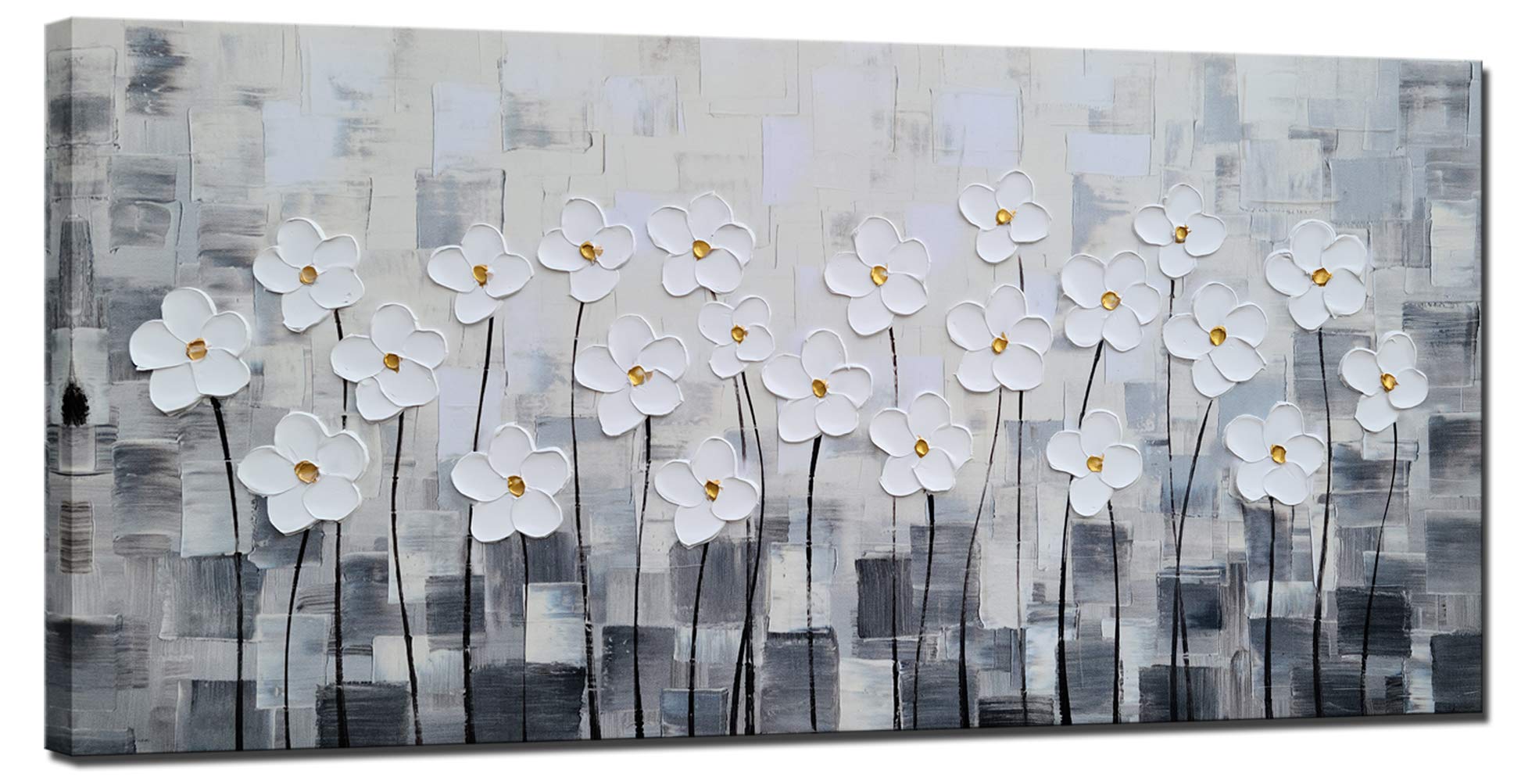 SYGALLERIER White Floral Canvas Wall Art - Hand Painted 3D Modern Abstract Painting - Grey and White Pictures for Living Room, Bedroom, Office & Home Decor - Perfect for Modern Interior Design & Wall Decoration