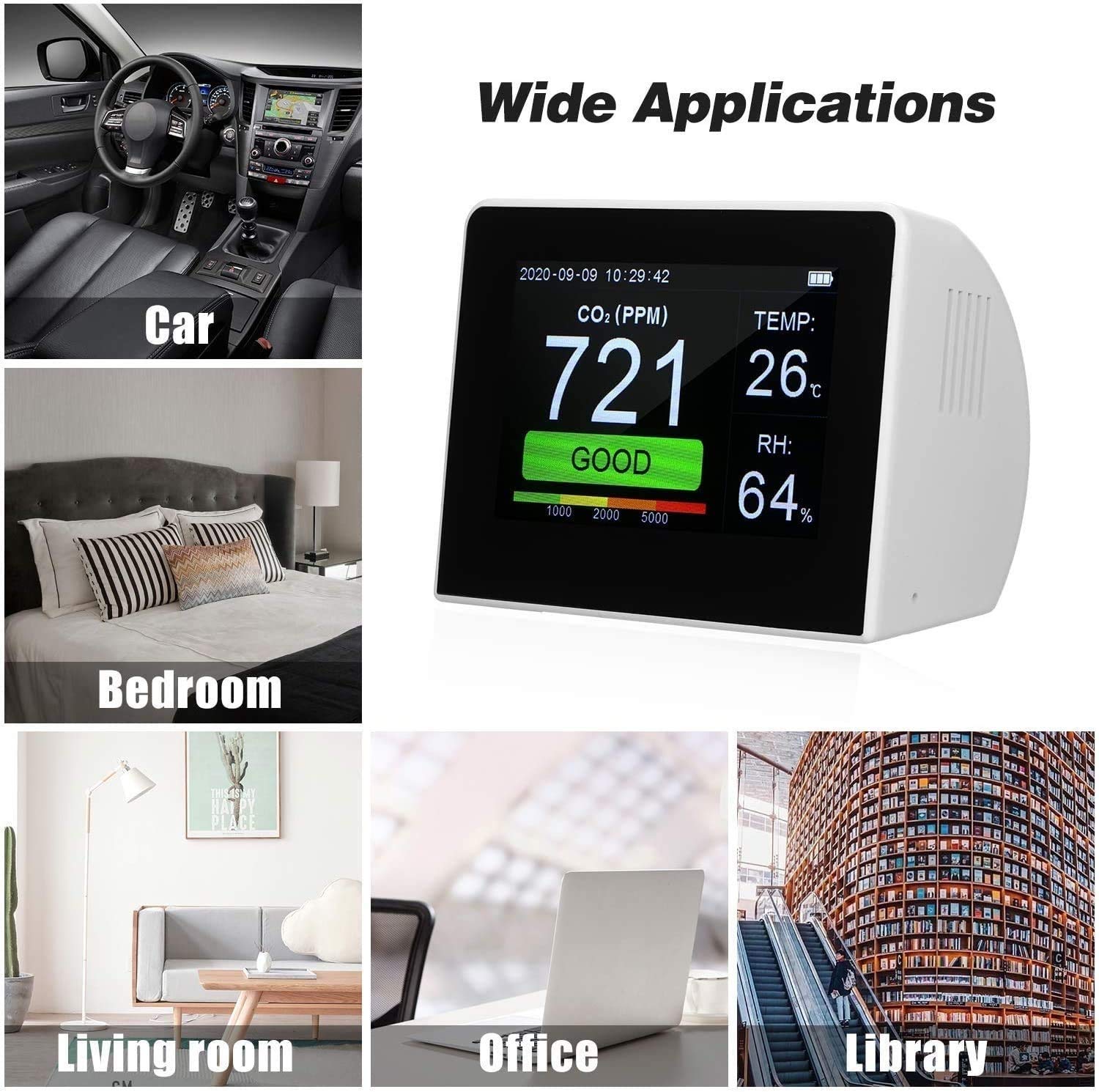 Air Quality Monitor for Indoor & Outdoor Use - CO2 Detector with Temperature & Humidity Sensor (0-9999ppm Range) | Ideal for Home, Office, Car & Travel | Improve Indoor Air Quality & Health