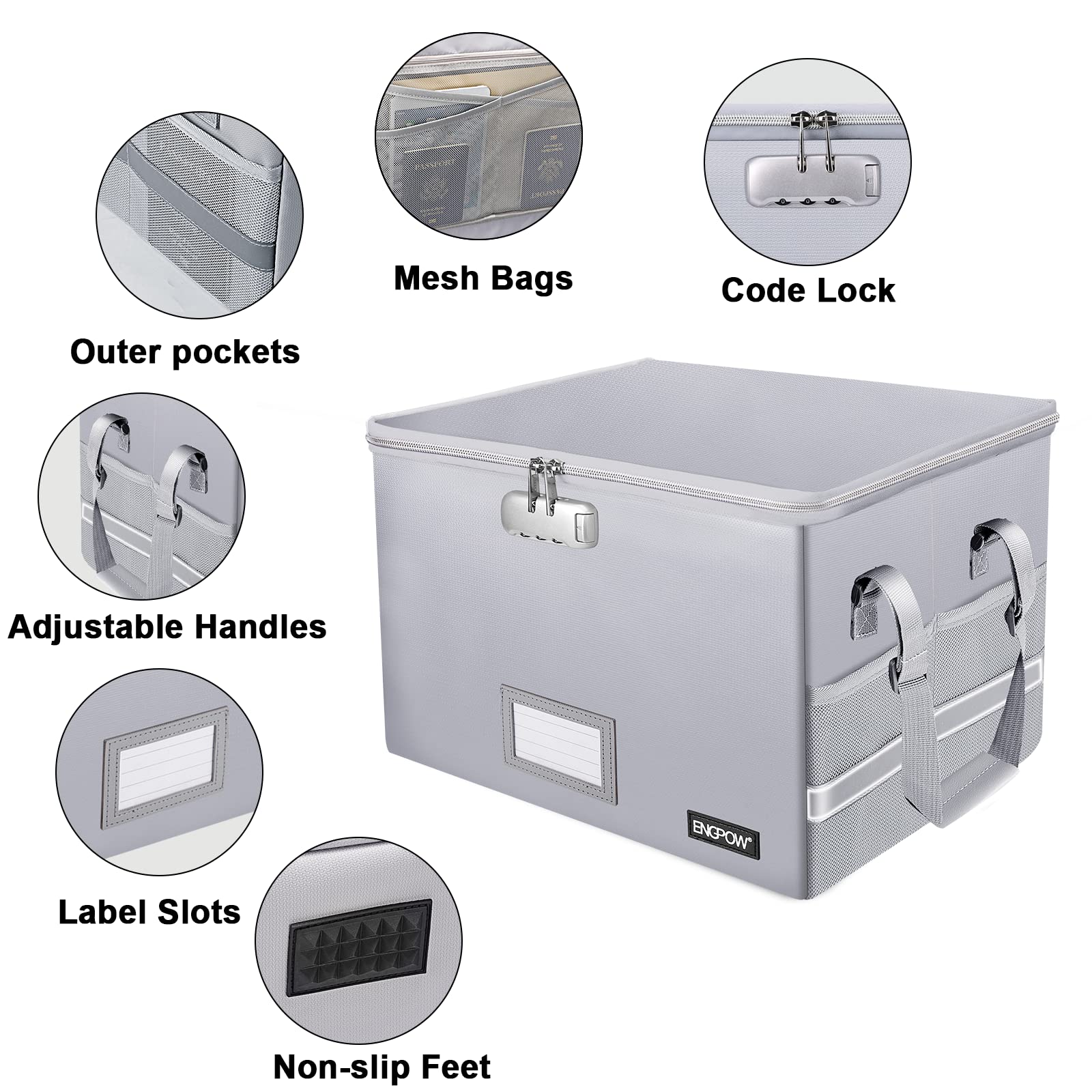 Fireproof Document Box with Lock - Collapsible File Storage Organizer with Zippers & Handle - Portable Home Office Safe for Hanging Files, Legal Folders & Important Papers (Silver) | Ideal for Home, Office & Travel Document Protection