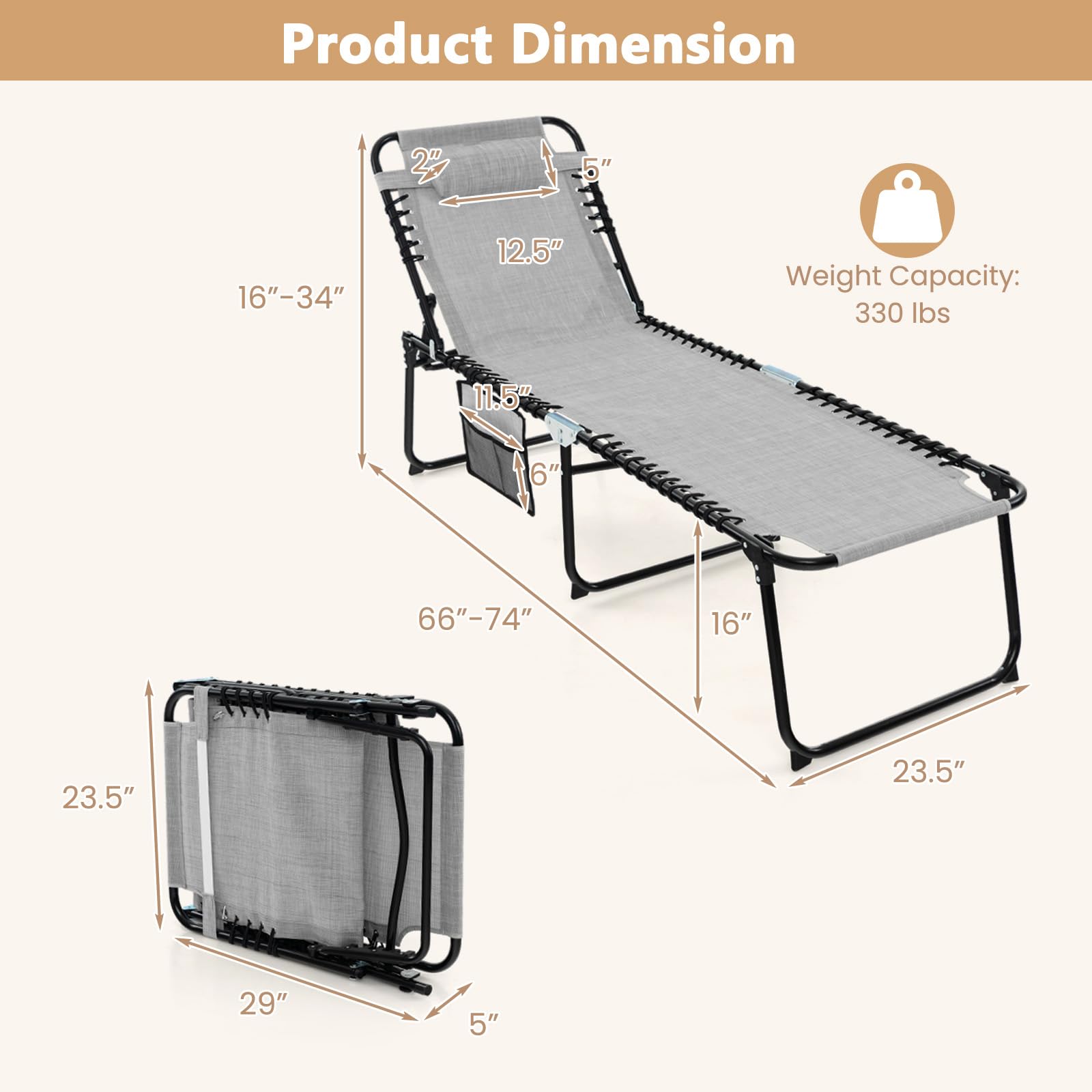 Giantex 2-Pack Folding Patio Lounge Chairs with Headrest - Adjustable Tanning Chairs for Outdoor, 4 Position Settings & Side Pocket - Perfect for Poolside, Beach Sunbathing, Backyard Relaxation & Camping - Grey
