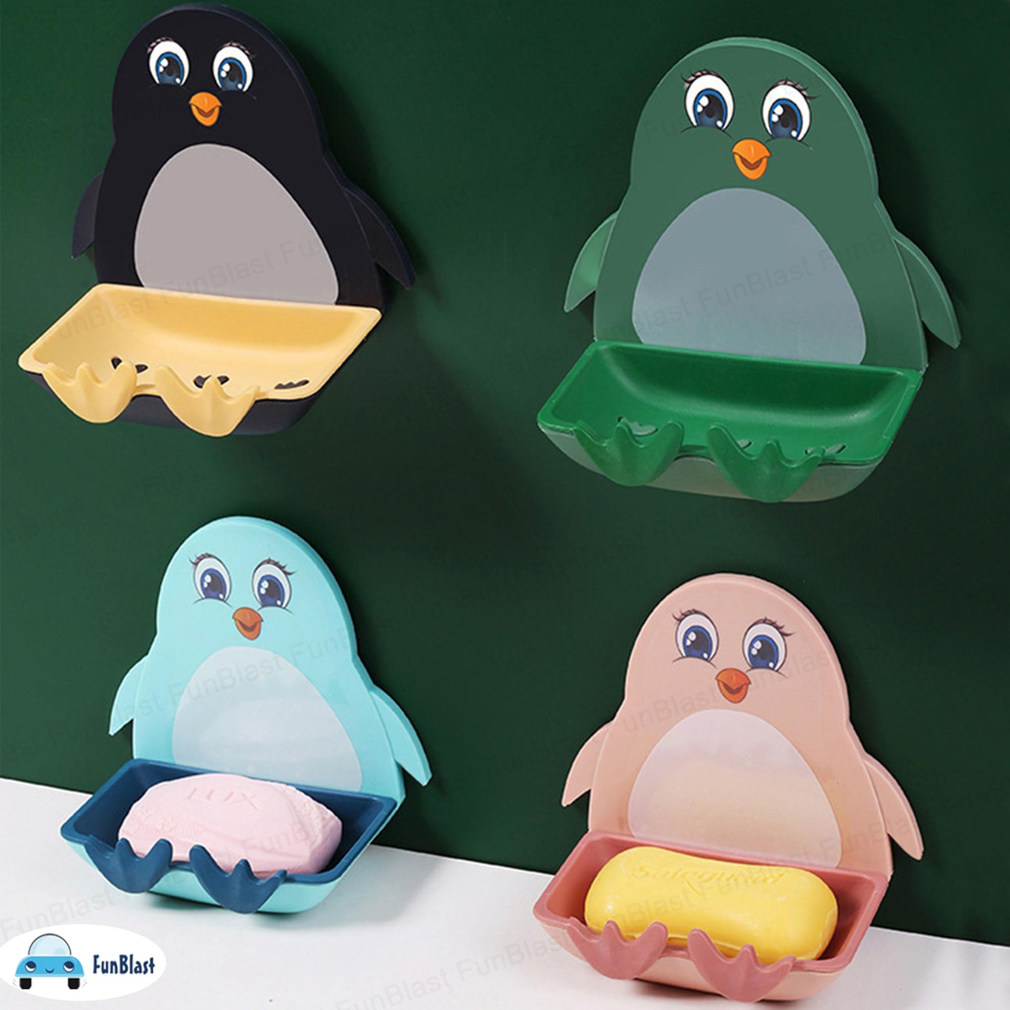 FunBlast Penguin Soap Case Set of 2 - Wall Mounted Soap Holder for Bathroom & Kitchen Sink, Waterproof Magic Stickers Soap Dish Organizer (Blue & Pink) - Perfect for Kids' Bathrooms, RV Showers, and Dorm Sinks