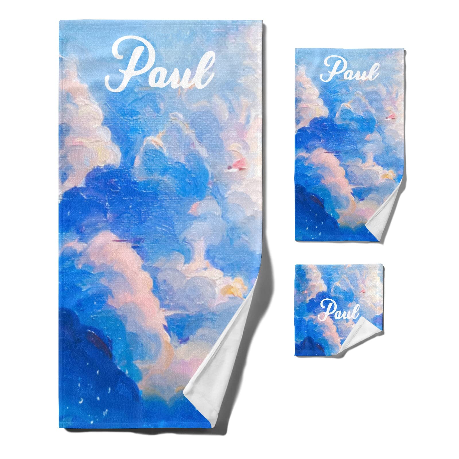 Custom Personalized Blue Sky Beach Towel Set of 3 with Name - Quick Dry Multipurpose Towels (1 Bath + 1 Hand + 1 Washcloth) for Bathroom Decor, Sun Protection & Poolside Relaxation