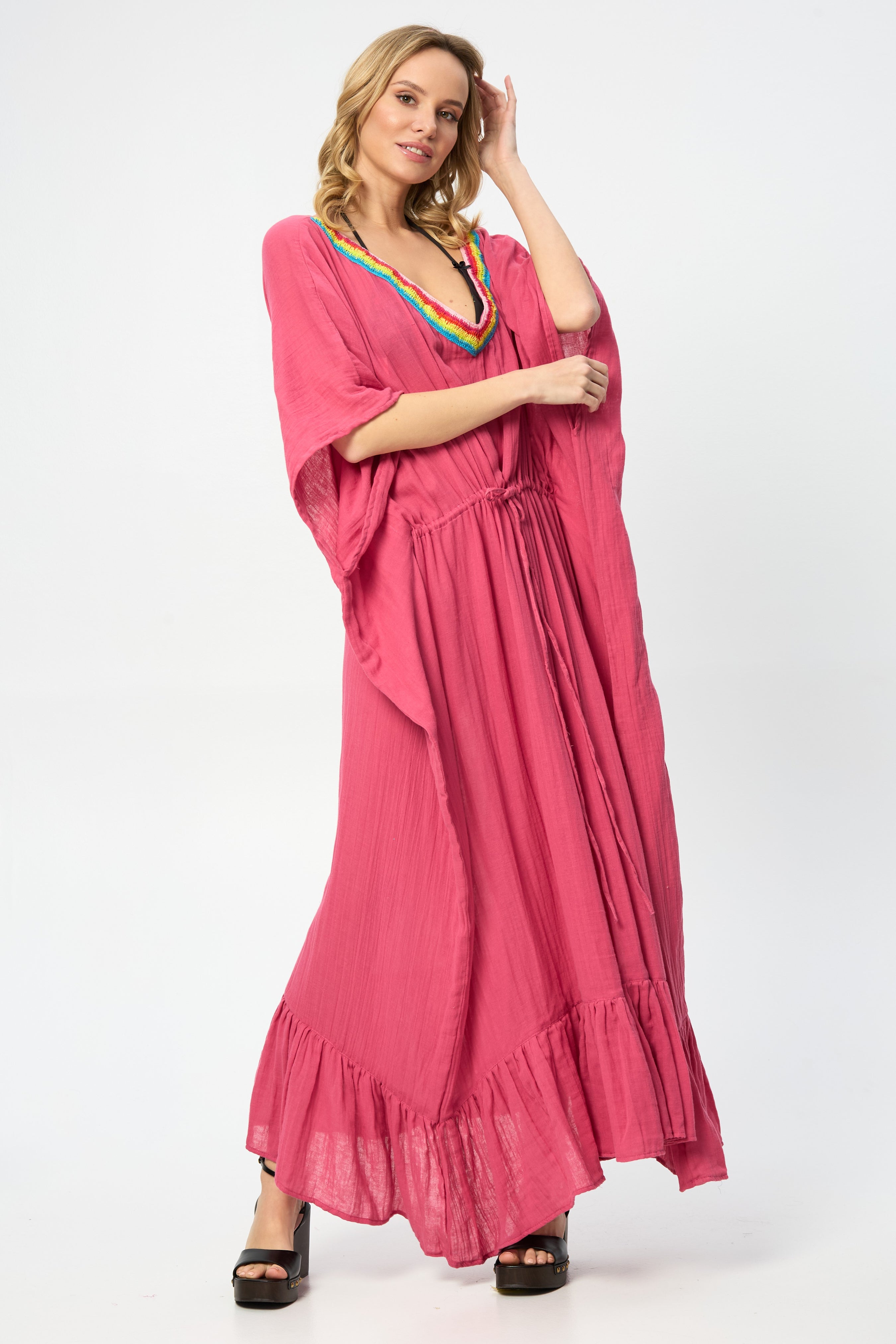 Crochet Rainbow Kaftan Maxi Dress - Boho Chic Beach Cover Up for Women - Perfect for Summer Vacations, Pool Parties & Music Festivals