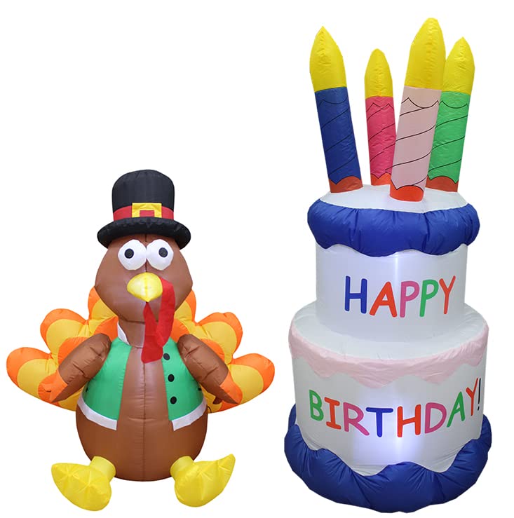 Thanksgiving & Birthday Party Decorations Bundle - 4ft Inflatable Turkey with Pilgrim Hat & 6ft Inflatable Birthday Cake with 4 Candles - Perfect for Outdoor Yard Decor, Holiday Celebrations & Family Gatherings