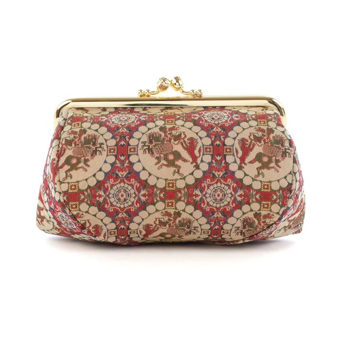 Nishijin Woven Small Lion Hunter Red Pouch - Handmade in Kyoto Japan | Cosmetic & Makeup Bag, Japanese Gamaguchi Pouch for Travel Toiletry, Stationery Organizer, Bag-in-Bag | Perfect for Daily Essentials, Gift Giving & Japanese Culture Lovers