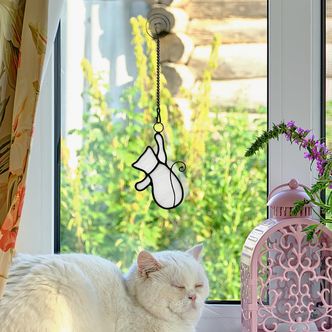 BOXCASA White Cat Stained Glass Window Hanging - Funny Cat Lover Gifts, Cat-Themed Home Decor Suncatchers for Living Room, Bedroom & Kitchen - Perfect for Window Decor, Housewarming Gifts & Cat Enthusiast Presents