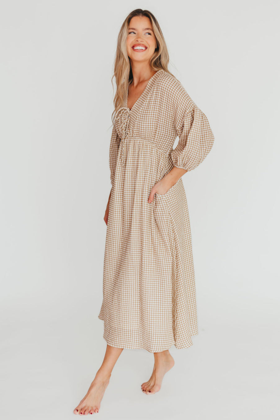 Hunter Printed Gauze Midi Dress in Natural Plaid - Bump Friendly Maternity Dress for Summer, Beach & Casual Wear