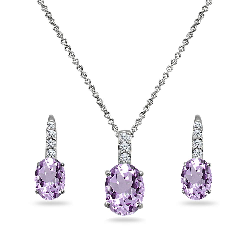 Elegant Sterling Silver Jewelry Set for Women - Oval Dainty Necklace & Drop Earrings with Genuine Synthetic Birthstone | Perfect Gift for Birthday, Anniversary & Special Occasions | Trendy Pendant Necklace & Huggie Earrings Set for Everyday Wear or Formal Events