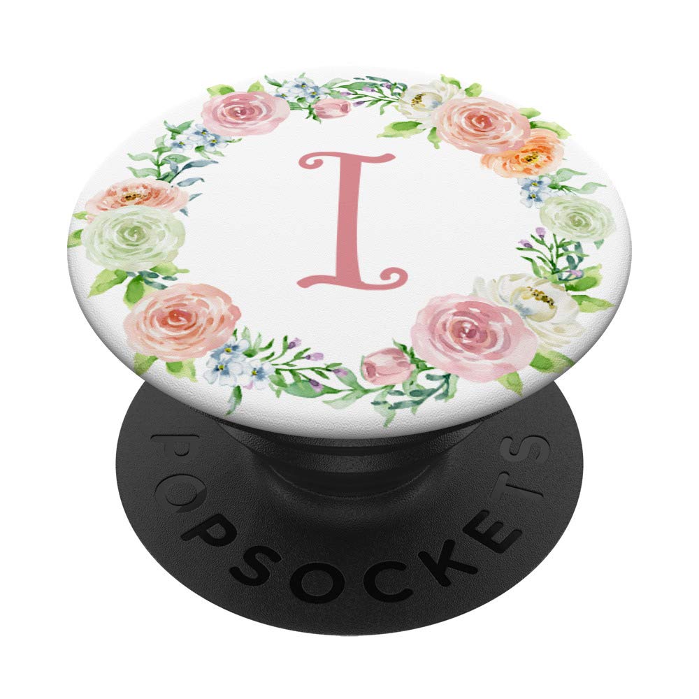 Rose Flower Monogram Letter I on White Floral Wreath PopSockets PopGrip - Swappable Phone Grip for iPhone, Samsung & Tablets | Perfect for Everyday Use, Gifts & Phone Protection