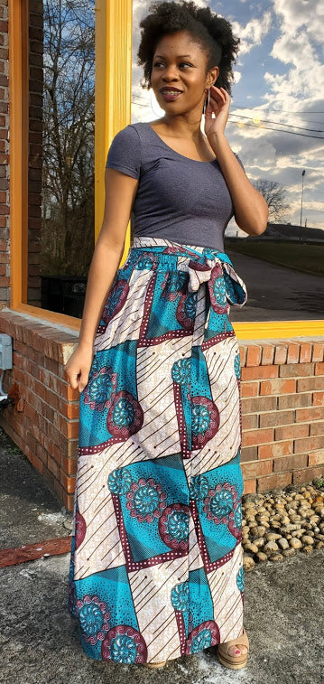 Ifeoma Turquoise Blue Burgundy African Print Skirt DP5004SK - Stylish Ankara Skirt for Women, Perfect for Parties, Weddings & Cultural Events