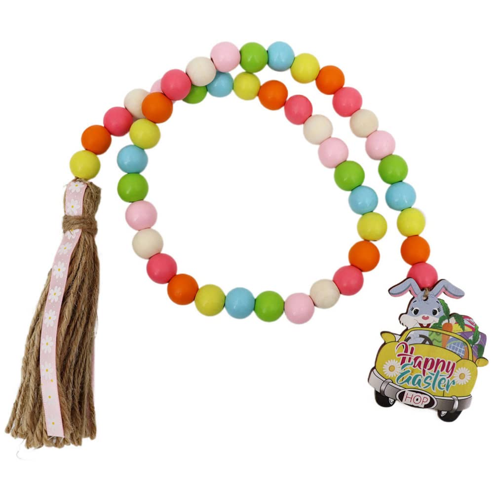 VOSAREA Wooden Easter Beads Garland with Tassels & Bunny Tag - Rustic Farmhouse Decor for Easter Party, Indoor Outdoor Wall Hanging - Natural Wood Beads Holiday Decoration for Spring, Home, Garden & Easter Egg Hunt Decor