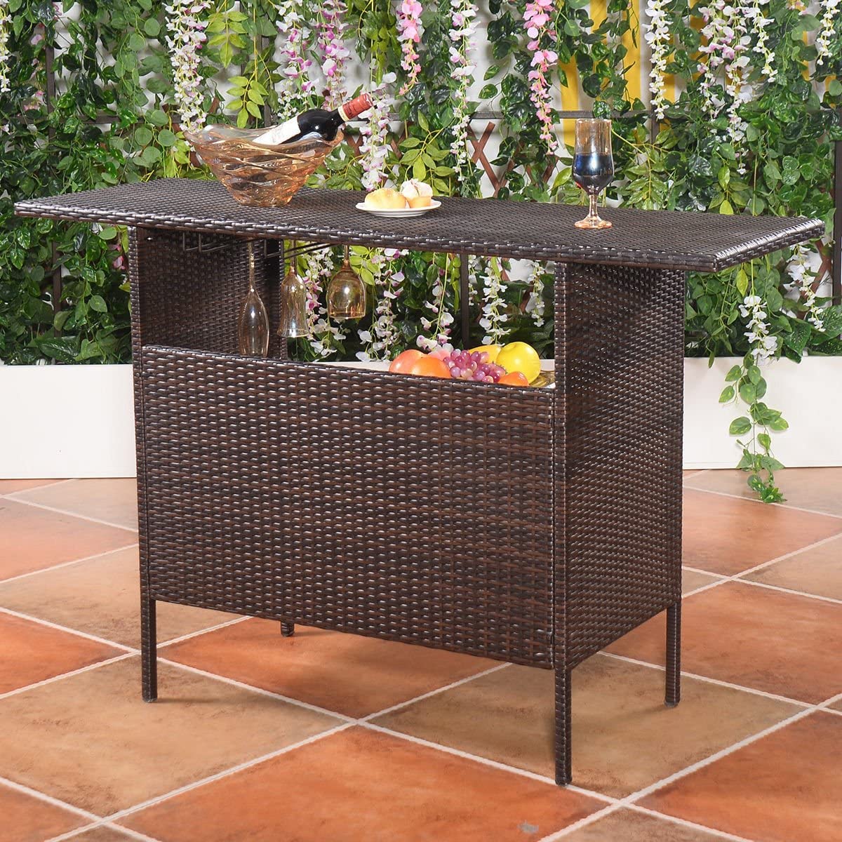 Premium Outdoor Rattan Bar Table with 2 Steel Wicker Storage Shelves & Cup Holders - Patio, Garden, Balcony, Poolside Lounge Furniture for Drinks & Entertaining