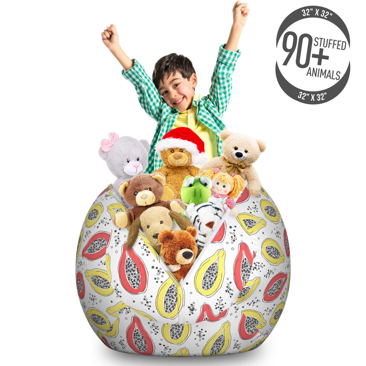 Ambesonne Tropical Toy Storage Bag Chair - Exotic Papaya Fruit Pattern Bicolor Design, Large Washable Stuffed Animal Organizer (Pink & Yellow) - Perfect for Kids' Room, Playroom & Toy Organization
