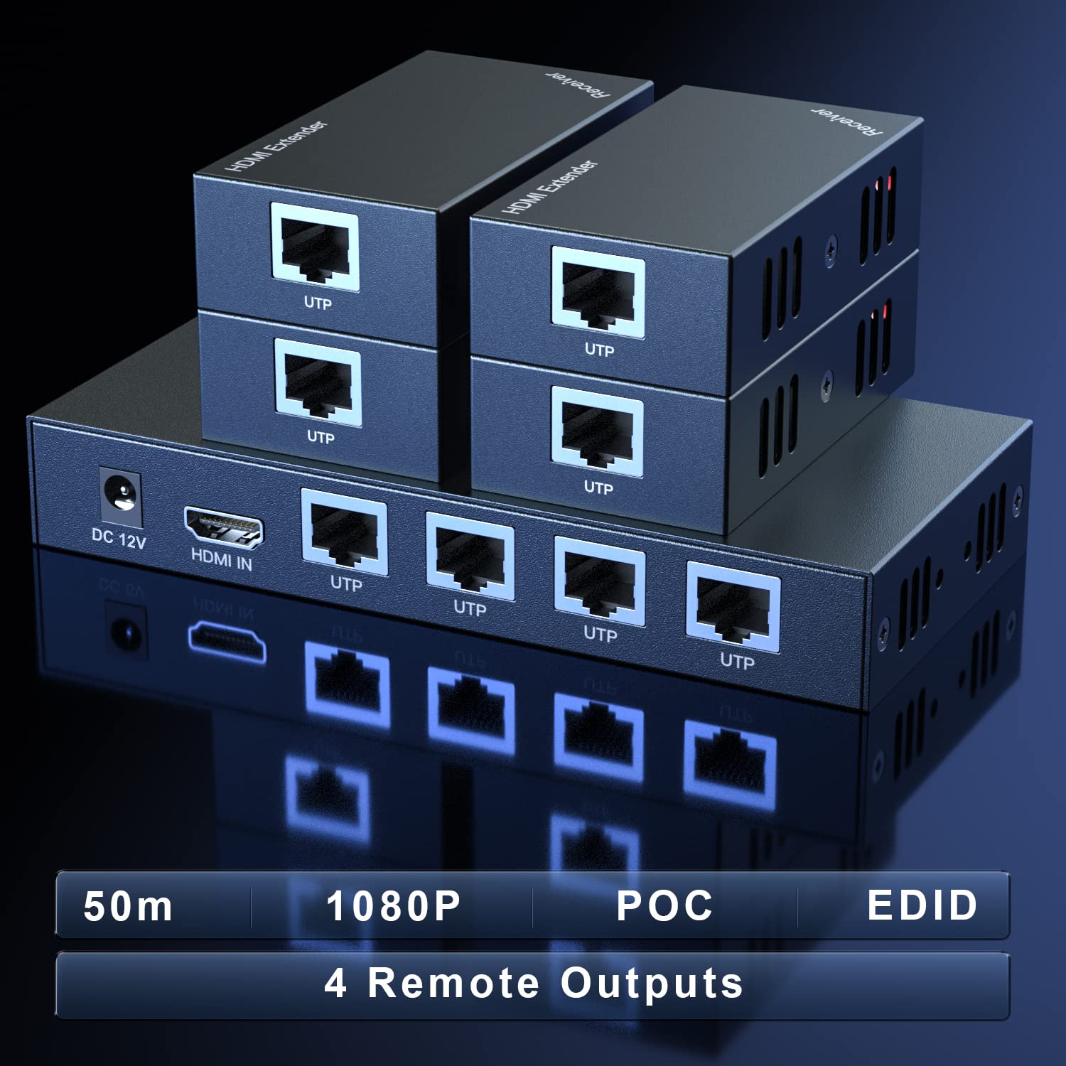 PWAYTEK HDMI Extender Splitter 1x4 - 1080P@60Hz Over Cat 5E/6/7 Ethernet Cable up to 50m (165ft) with EDID Copy & POC Function (1 Input 4 Output) - Ideal for Home Theater, Conference Rooms & Multi-Screen Displays