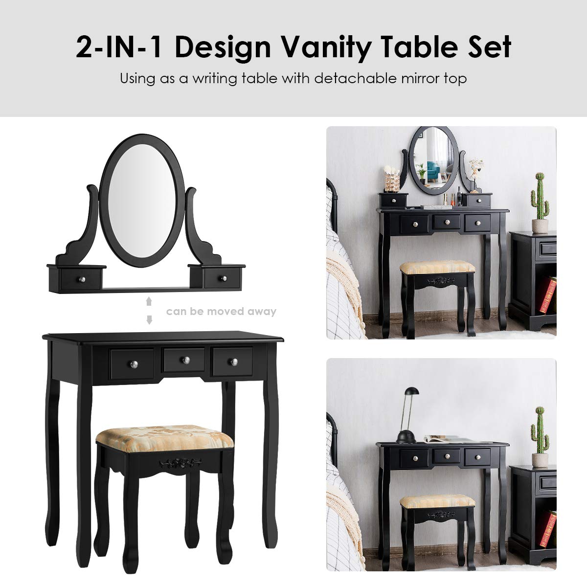 CHARMAID Vanity Table Set with Rotatable Oval Mirror & 5 Drawers - Makeup Dressing Table with Cushioned Stool for Women & Girls, Bedroom Furniture (Black) | Perfect for Small Spaces, Cosmetics Organization & Glam Room Decor