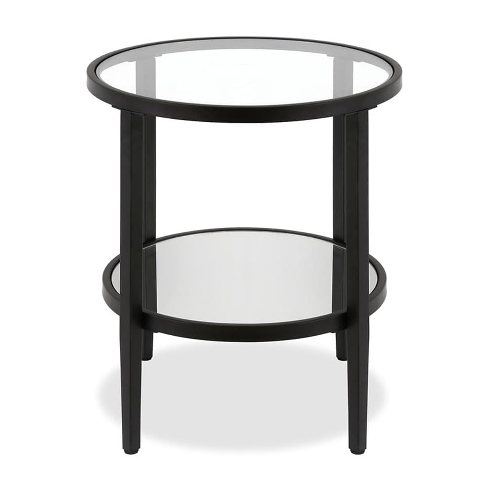 Modern Round Glass Top Metal Accent Table with Shelf - Black Pemberly Row End Table for Living Room, Bedroom & Office Decor