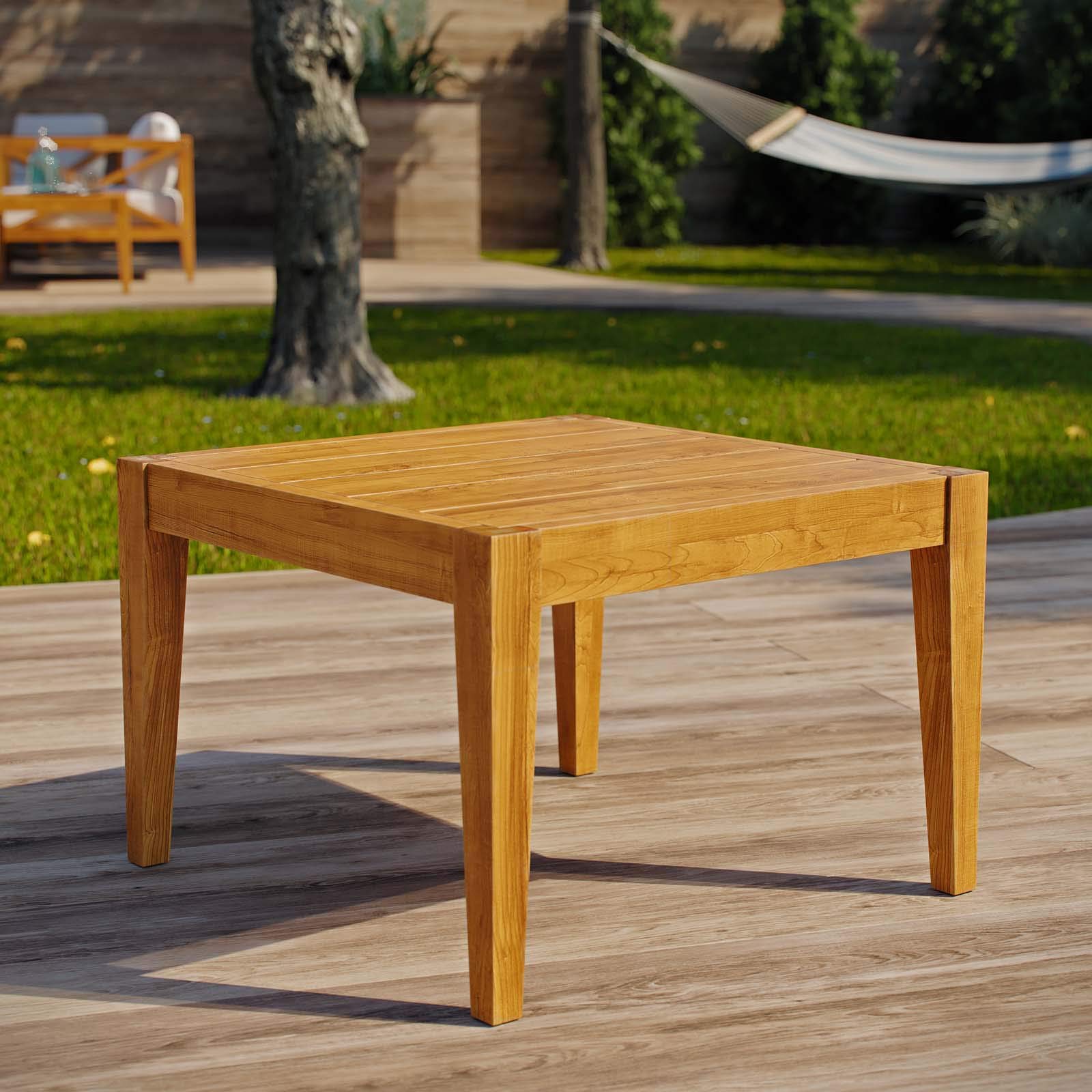 Modern Outdoor Side Table - Natural Wood Patio Balcony Garden Furniture for Contemporary Urban Spaces | Perfect for Coffee, Drinks & Decor in Backyard, Terrace or Poolside