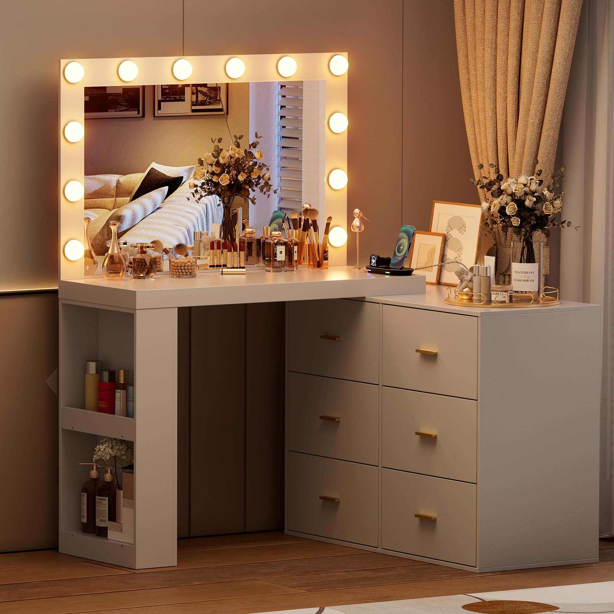 PakaLife Vanity Desk with Mirror, Lights & Charging - 6 Drawers for Bedroom Makeup