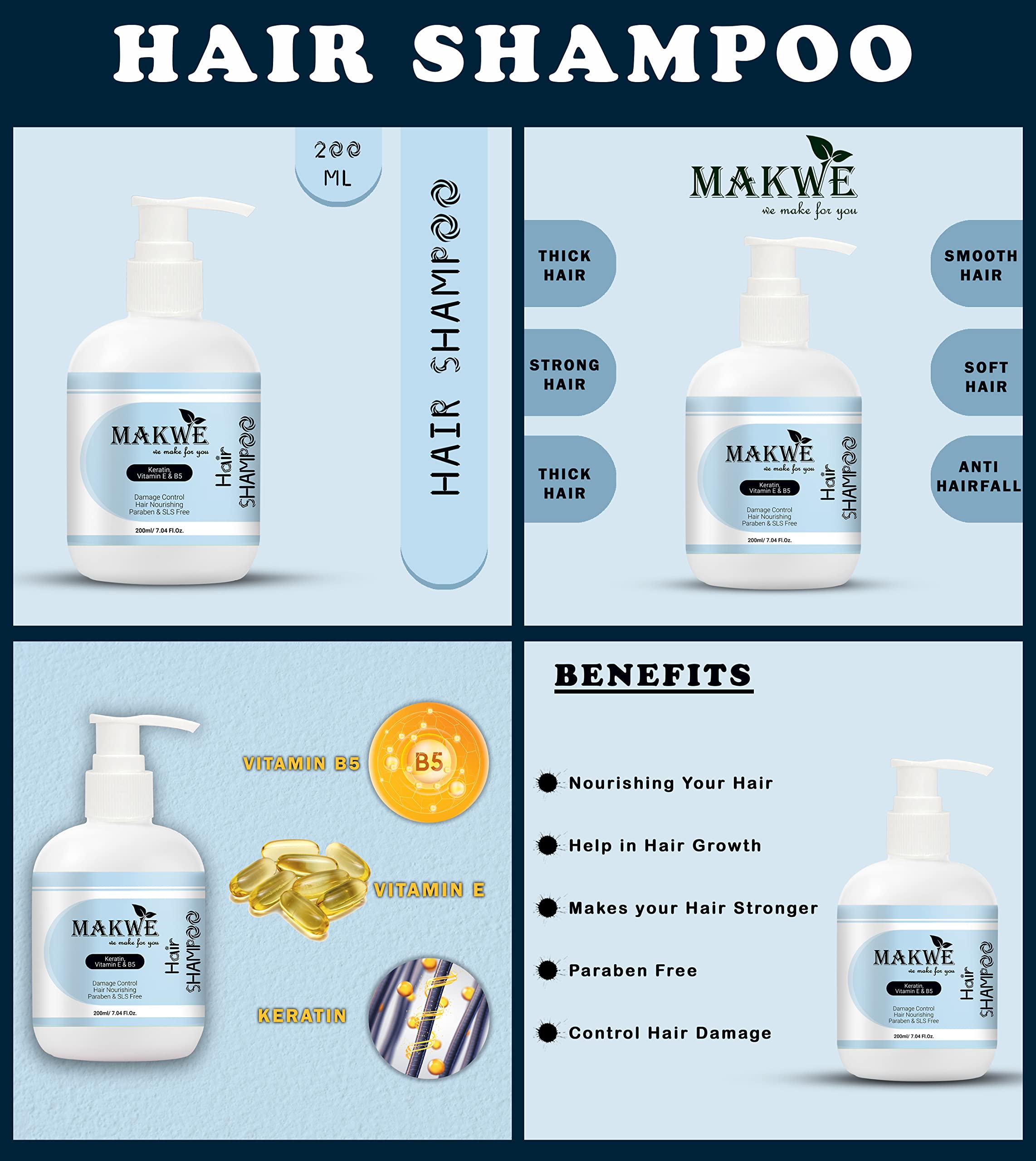 MAKWE Skin Science Vitamin E & B5 Hair Care Ultimate 2-Piece Kit (Shampoo + Conditioner) for Dry, Damaged Hair - Repair & Hydrate for Soft, Shiny Locks - Perfect for Daily Use & Salon-Quality Results at Home