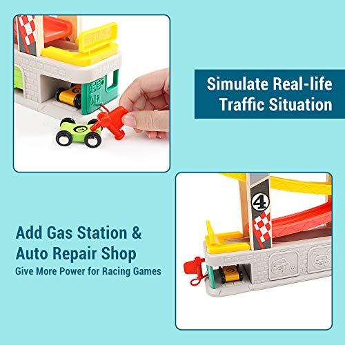 TOP BRIGHT Car Ramp Toys for Toddlers - 4-in-1 Race Track Set with 4 Toy Cars, Parking Lot & Gas Station - Fun Educational Toys for 2-4 Year Old Boys & Girls - Perfect for Indoor Playtime, Birthday Gifts & Preschool Learning Activities