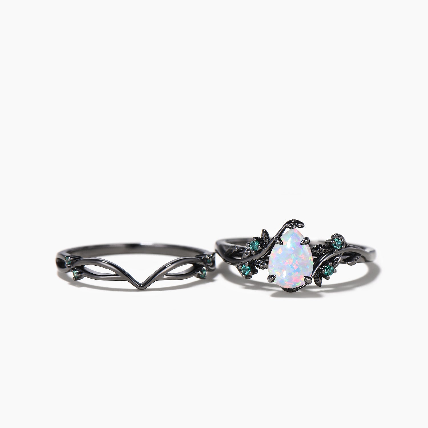 Teardrop Opal Nature Inspired Engagement Ring - Emerald Leaf Gothic Black Bridal Wedding Set for Women | Perfect for Boho, Vintage & Alternative Wedding Jewelry