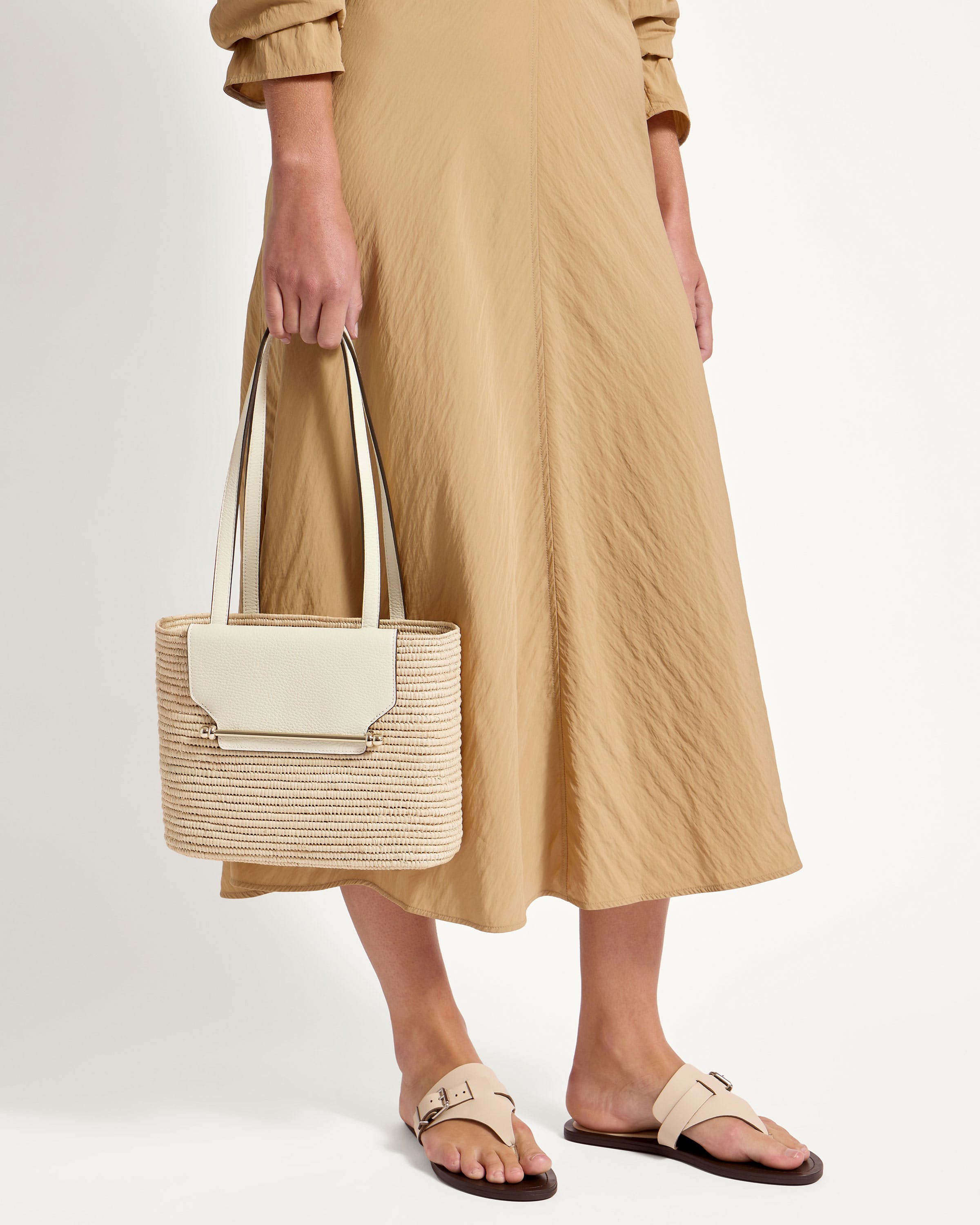 Strathberry Small Basket Bag - Handwoven Raffia & Genuine Leather in Vanilla | Perfect for Beach, Picnic & Summer Outings