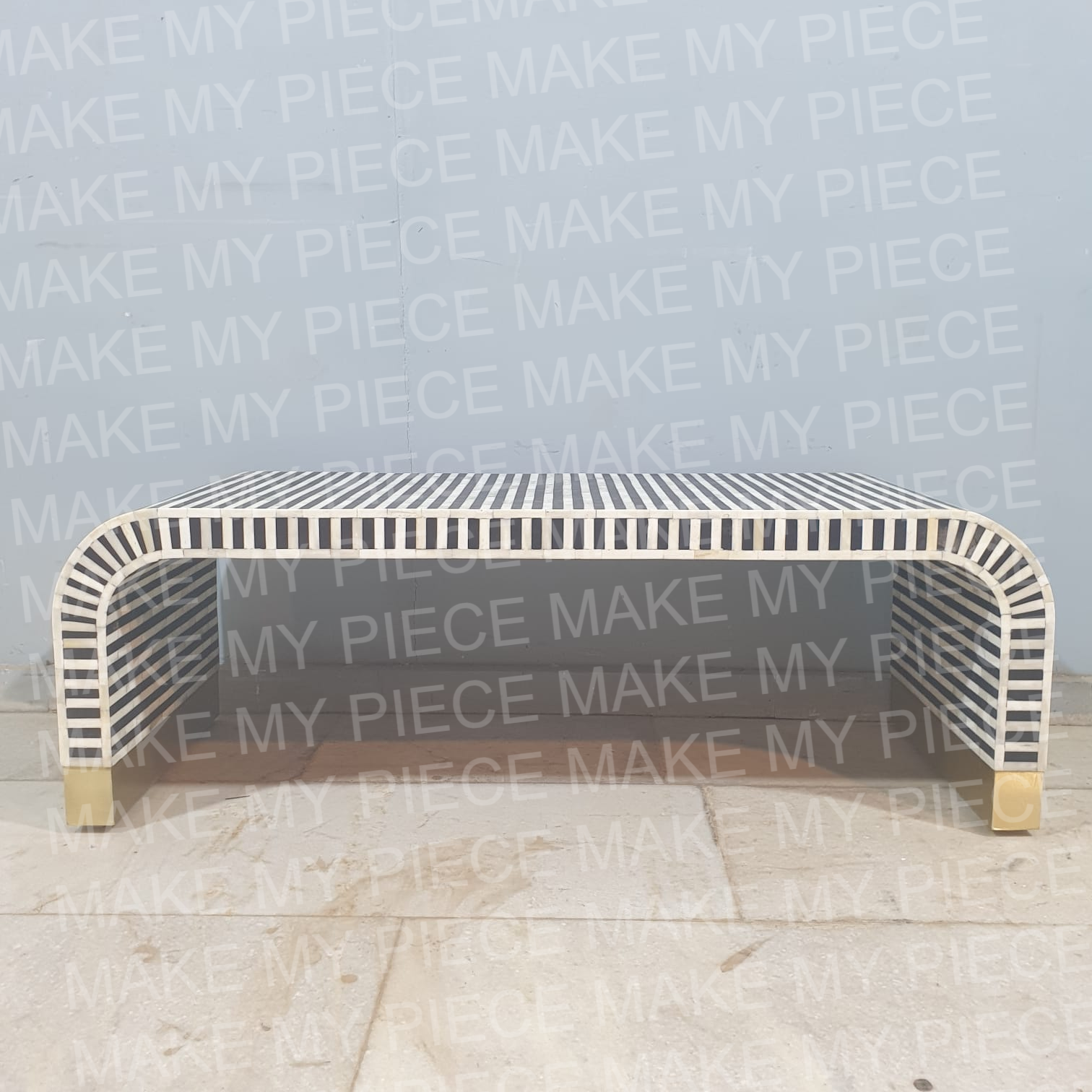 Handcrafted DANIELLE Bone Inlay Waterfall Coffee Table - Solid Wood with Strip Pattern - Perfect for Boho & Eclectic Living Room Decor