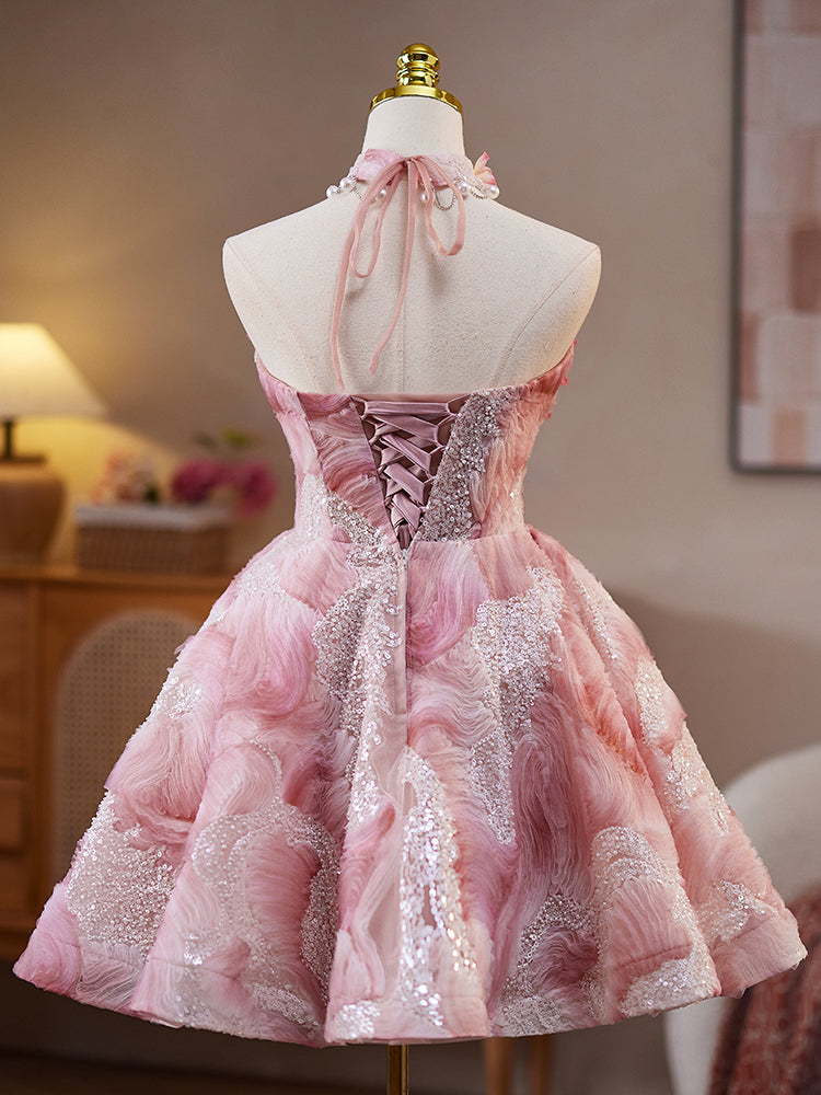Elegant A-Line Pink Lace Flower Short Prom Dress | Homecoming Party Gown | Perfect for Formal Dances, Graduations & Special Occasions
