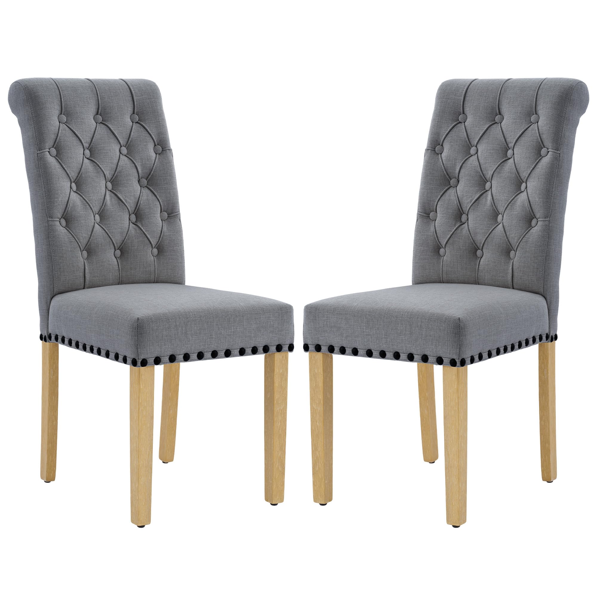Modern Linen Fabric Dining Chairs Set of 2 - Parson Style with Nailhead Trim & Button Tufting - Solid Wood Legs Dark Grey - Perfect for Dining Room, Kitchen, Living Room & Home Office Seating