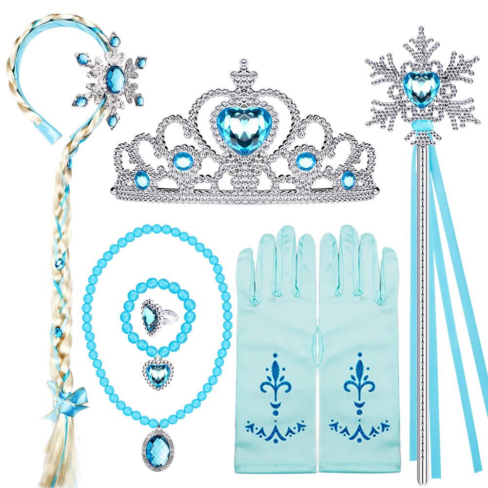 Frozen Elsa Princess Dress Up Set for Girls - Costume Jewelry, Crown, Headband Wig, Necklaces, Wands, Rings & Gloves | Disney Princess Party, Halloween Cosplay, Birthday Gift for Kids