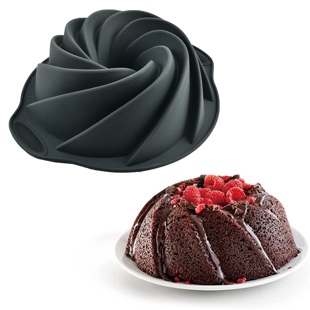 24.5cm Dark Gray Silicone Cake Mold for Spiral Cakes, Donuts, Muffins, Cookies & Puddings - Round Baking Pan for Home Baking, Party Desserts & Holiday Treats