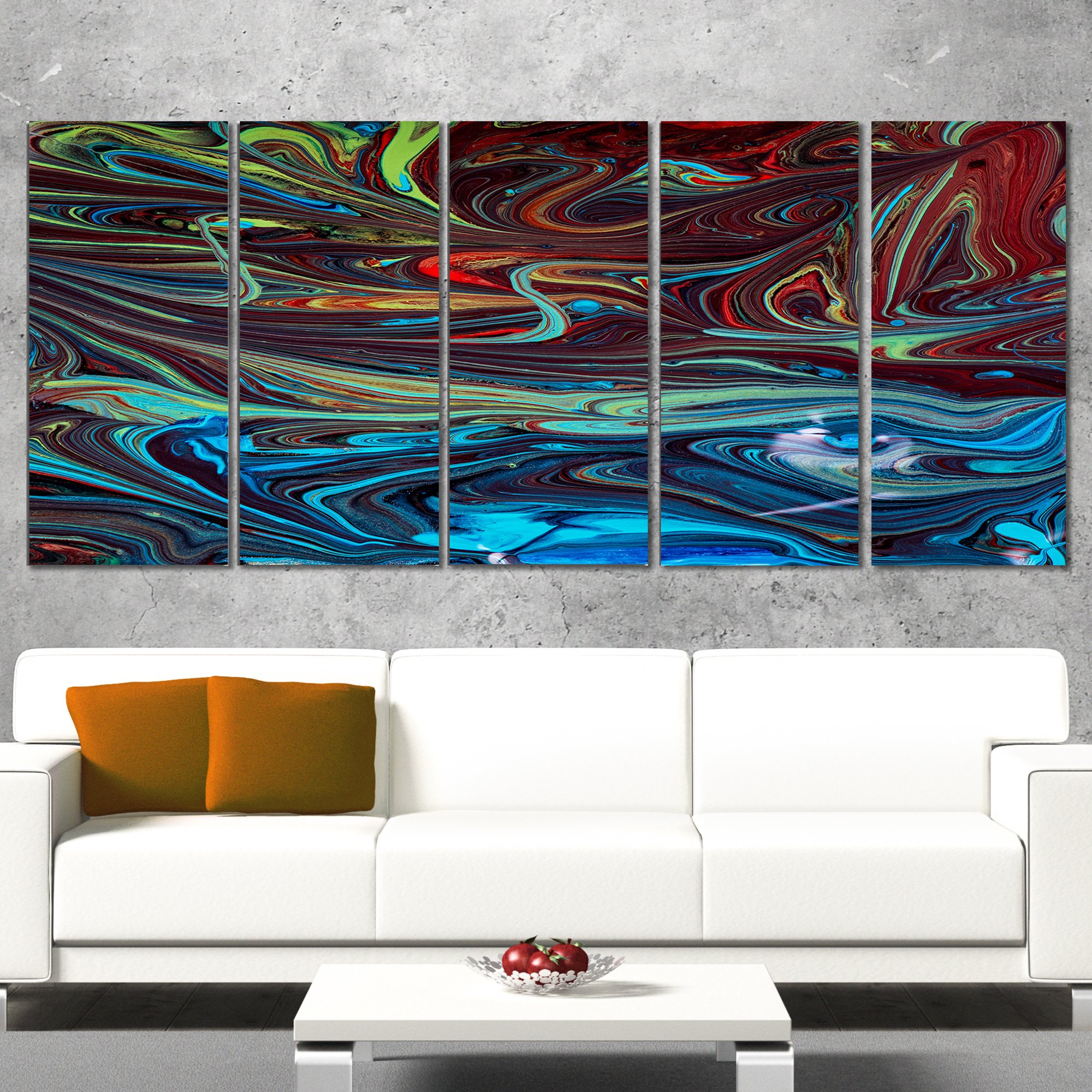 Designart Red Blue Acrylic Abstract Painting on Canvas - 60x28 Inch 5-Panel Wall Art Set (PT9991-401) for Living Room, Bedroom & Office Decor