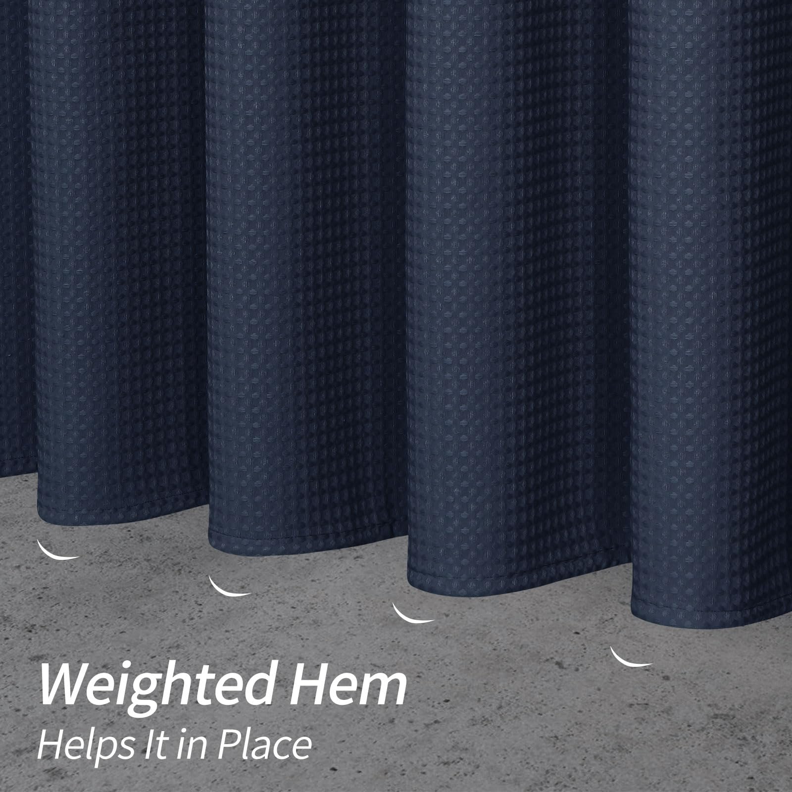 Blue Waffle Weave Half Size Shower Curtain 36 x 72 Inches - Narrow Fabric Bathroom Decor with Hooks - Navy Blue Shower Curtain Set for Small Stall, RV, Dorm & Apartment Bathrooms
