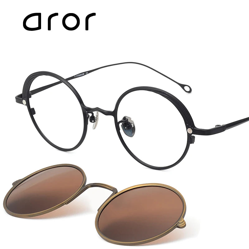Aror Unisex Full Rim Round Titanium Eyeglasses with Clip-On Sunglasses - Stylish & Durable Frame for Men & Women - Perfect for Outdoor Activities, Driving, and Everyday Wear (Model 10084)