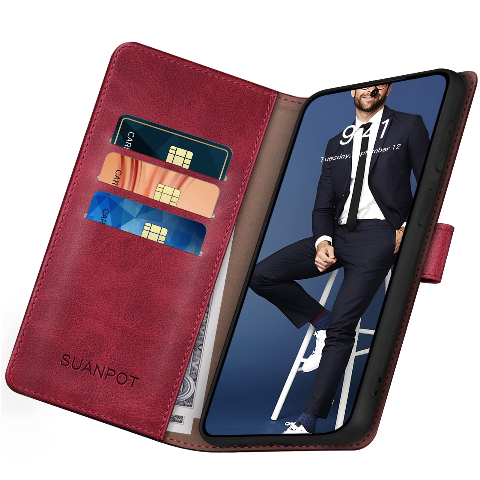 SUANPOT Samsung Galaxy S24 Plus Wallet Case with RFID Blocking & Credit Card Slots - PU Leather Flip Book Protective Cover for S24+ (Red) - Perfect for Work, Travel & Daily Commute