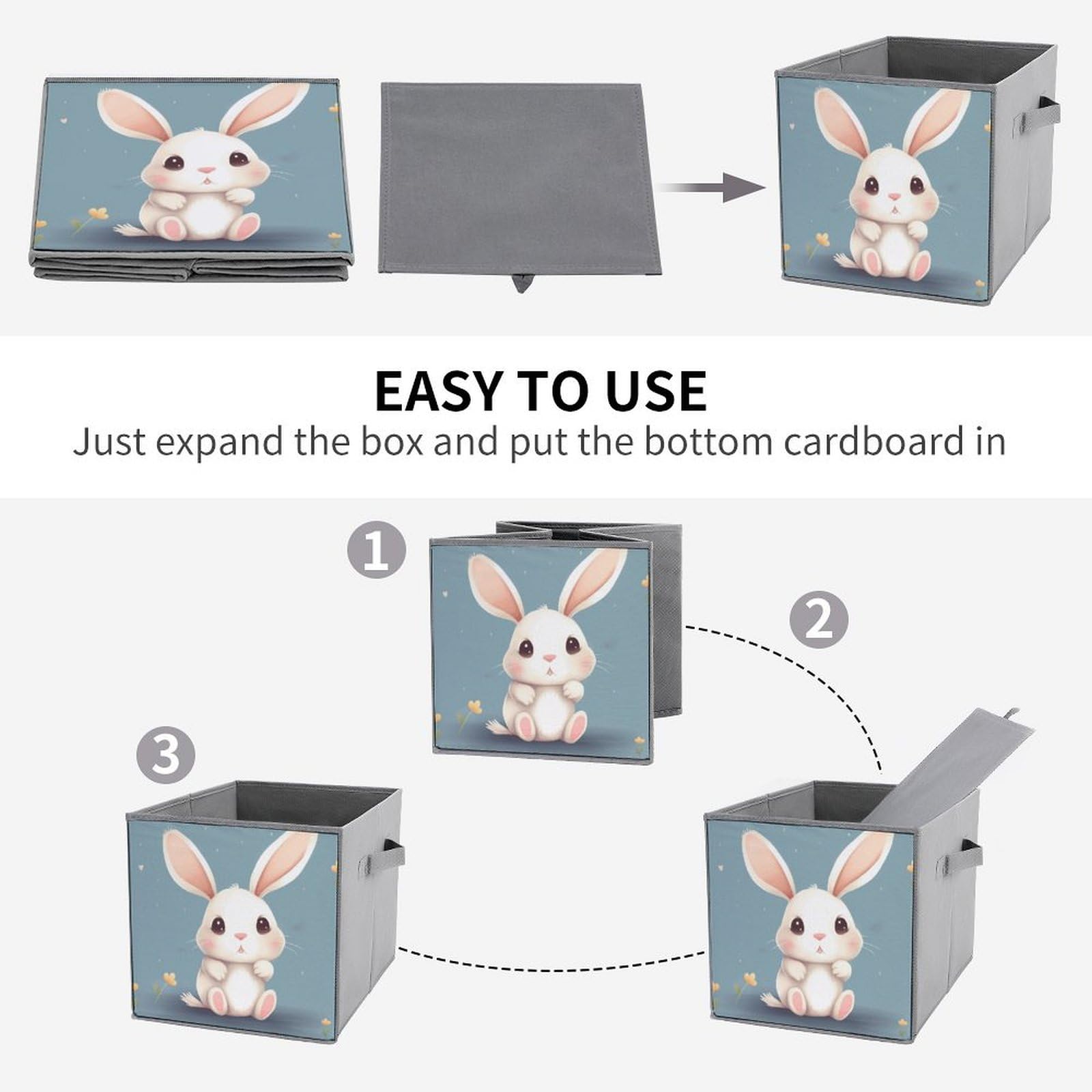 1PCS Foldable Storage Bins - Cute Cartoon Bunny Printed Large Capacity Storage Box with Handle - Home Office Playroom Organization for Toys, Books & Clothes (Multipurpose Storage Solution)