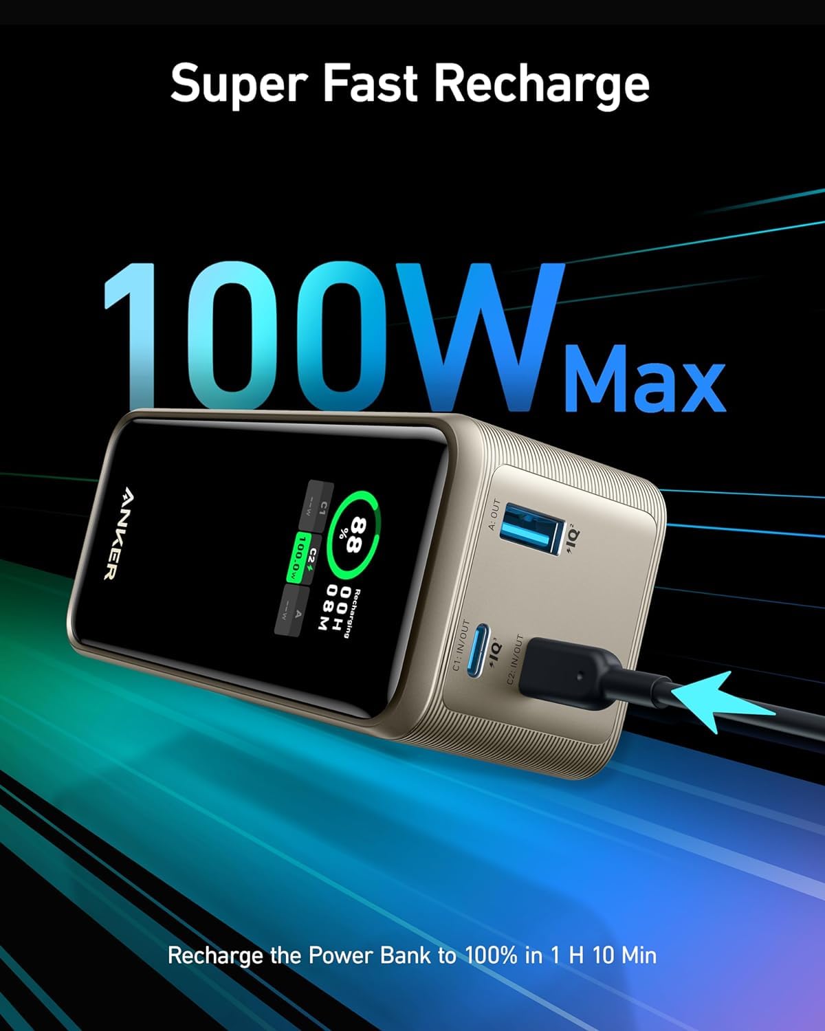 Anker Prime 20000mAh 200W Power Bank with Digital Display - Dual USB-C & USB-A Ports - Fast Charging for iPhone 14/13, Samsung Galaxy, MacBook, Dell Laptops - Portable Charger for Travel, Camping, Work & Emergency Backup (Gold)