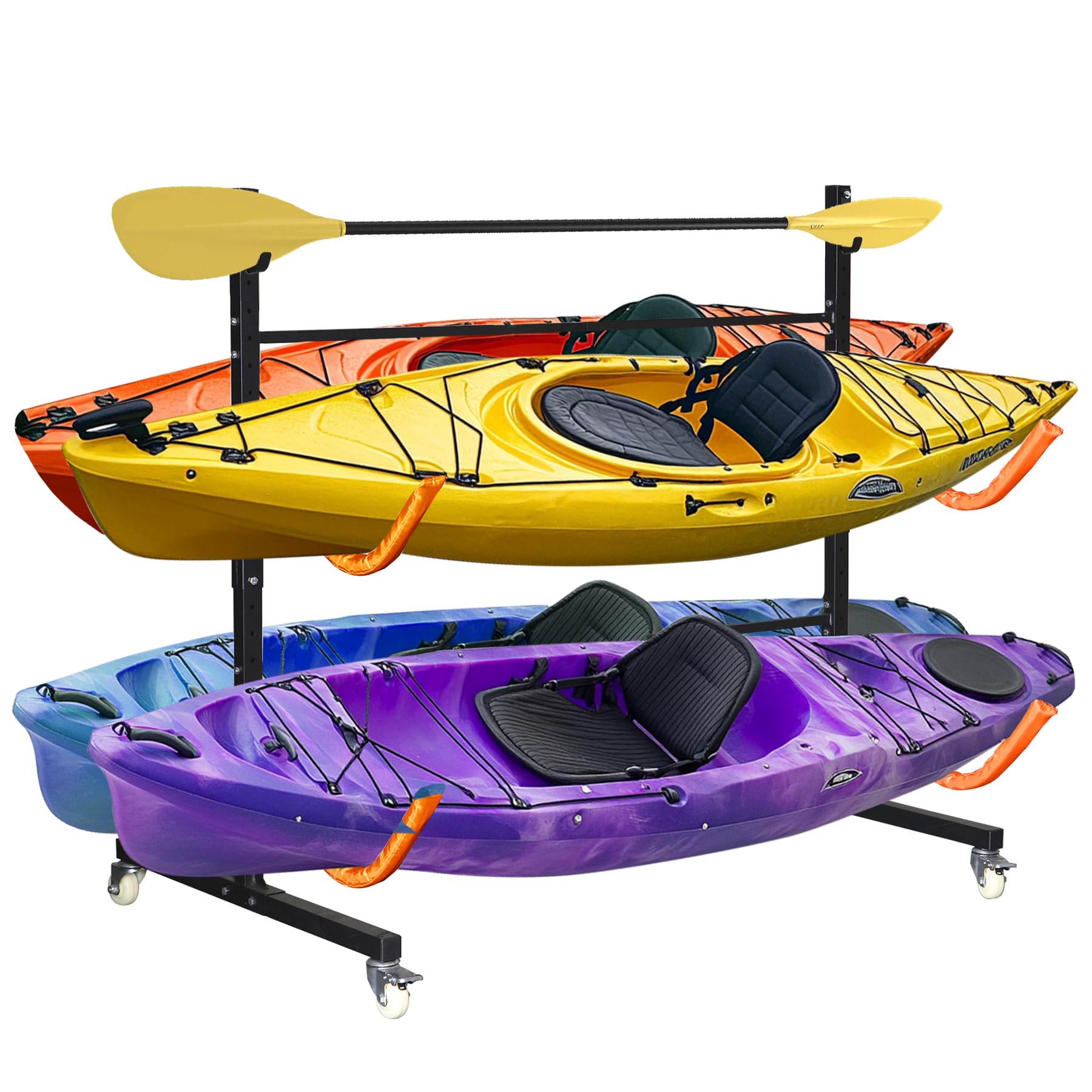 Heavy Duty Freestanding Kayak Storage Rack for 2-4 Kayaks - Adjustable Outdoor Kayak Stand with Wheels for Canoe, SUP & Surfboard | Perfect for Garage, Backyard & Boat Storage Organization
