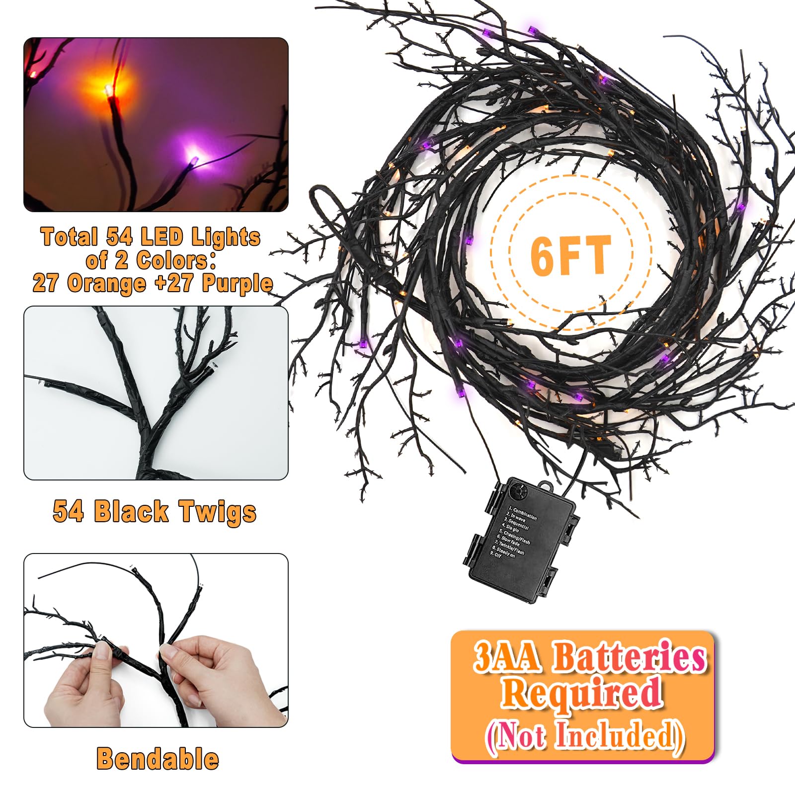 8 Modes & Timer Thanksgiving LED Willow Vine Garland - 6FT Orange Purple Twig Lights for Halloween, Home, Indoor Wall & Fireplace Decor | Perfect for Holiday Parties & Cozy Seasonal Ambiance