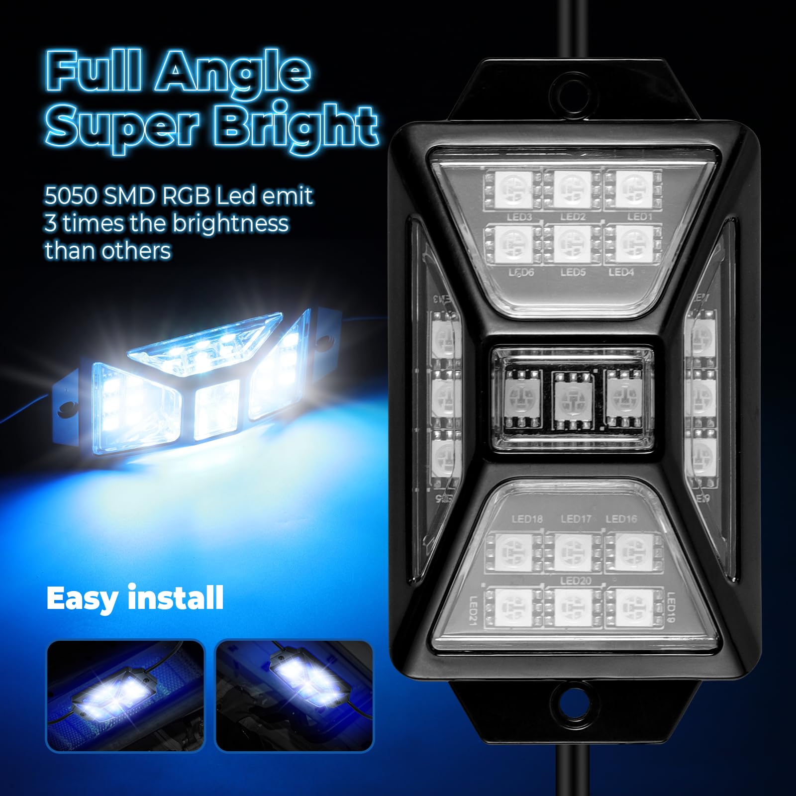 4 Pods Full Angle RGB Rock Lights for Trucks, Jeep, UTV, SUV, ATV, Boat & Golf Cart - 12V-24V Waterproof Multi-Color LED Lights with App/Remote Control & Music Sync - Perfect for Off-Roading, Underbody Lighting & Vehicle Customization